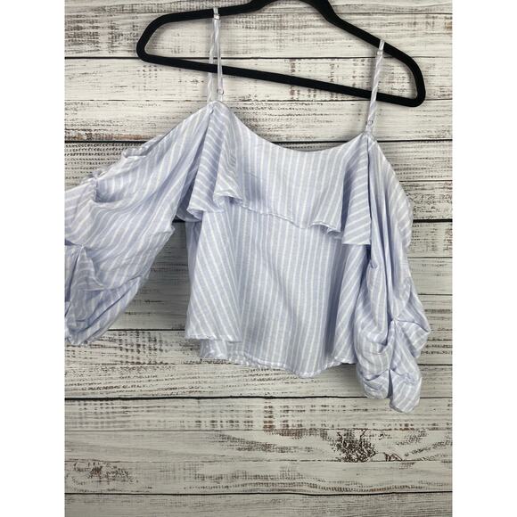 Astr The Label Ruffle Blue Stripe Shirt Small Cotton Boho Coastal Fairy Feminine - Picture 3 of 8